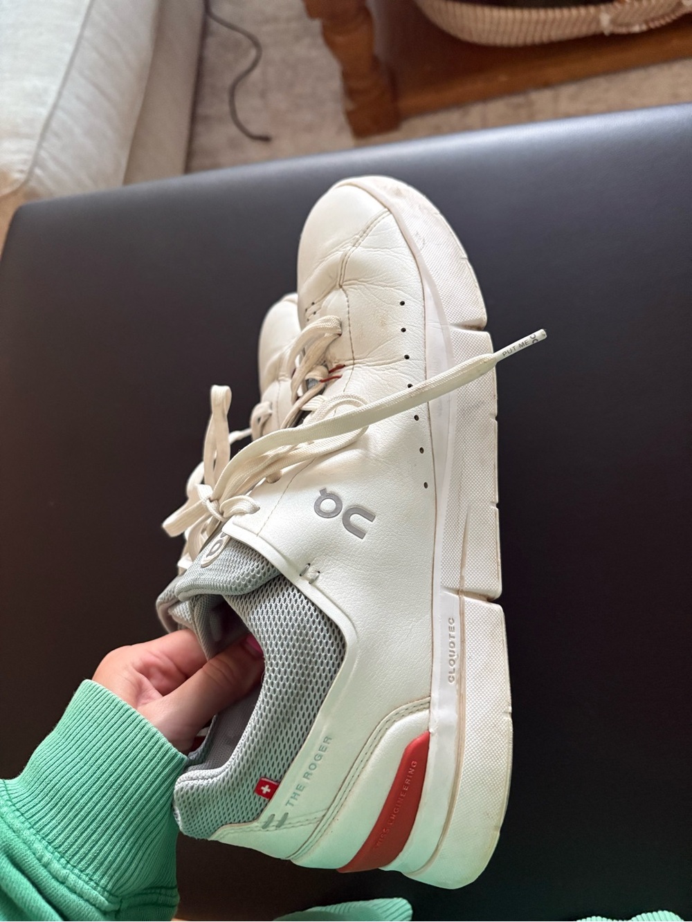 On Running White Sneakers with Red Accent